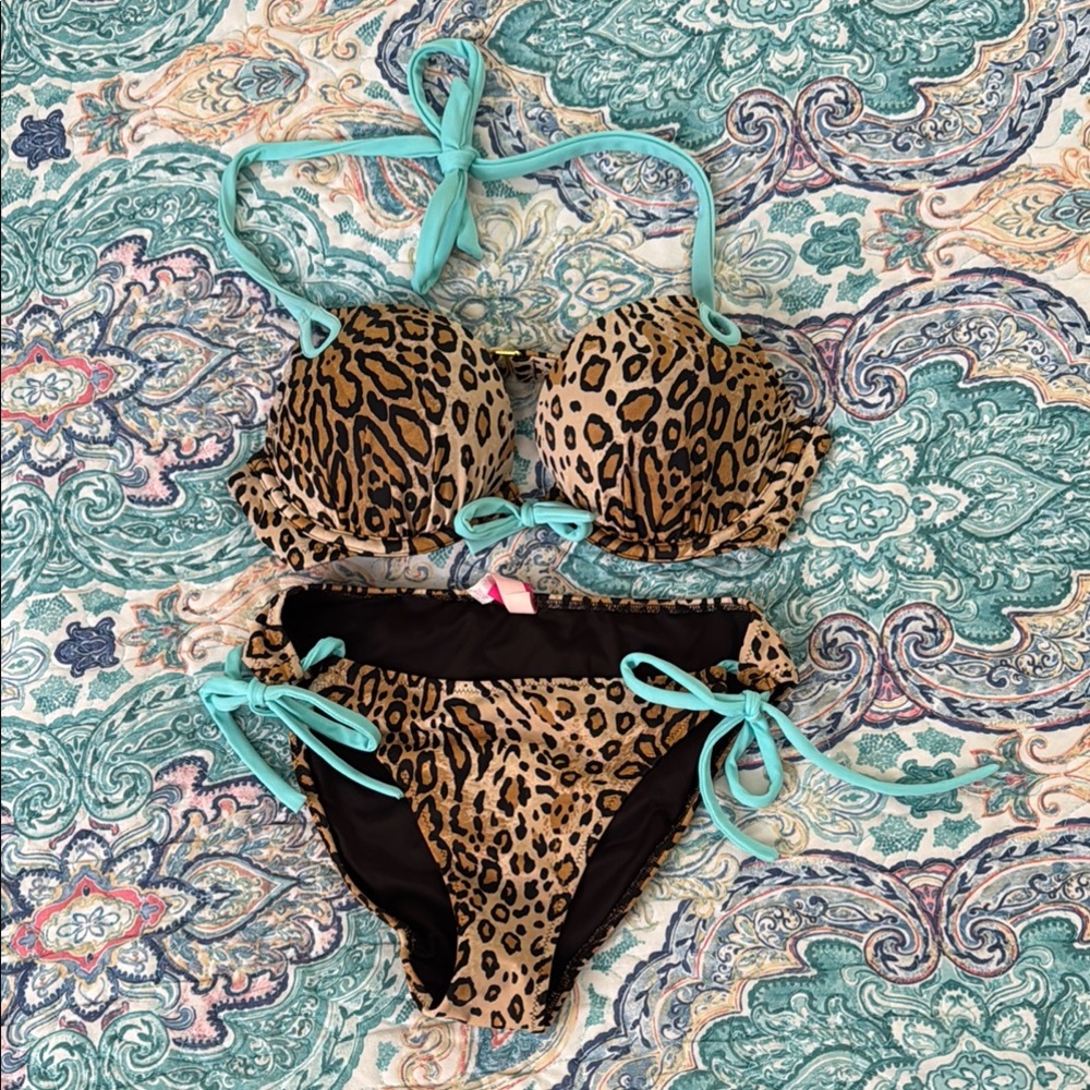 Victoria’s Secret Leopard Print Bikini with Turquoise Accents Size S/P
